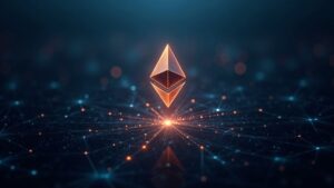 Imagen fotorrealista de un logotipo de Ethereum brillante sobre un moderno distrito financiero, con líneas de red e íconos regulatorios.