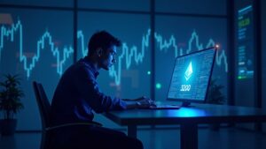 Trader de criptomonedas realista en un escritorio elegante con un holograma de Ethereum mostrando 3200 y un gráfico de precios en iluminación de neón azul