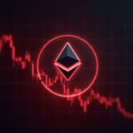 Moneda de Ethereum brillante sobre un gráfico rojo descendente rompiendo los 3,000; la sala de redacción y los paneles de DeFi señalan presión vendedora.