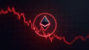 Moneda de Ethereum brillante sobre un gráfico rojo descendente rompiendo los 3,000; la sala de redacción y los paneles de DeFi señalan presión vendedora.