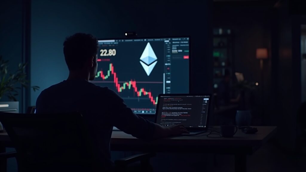 Comerciante cripto fotorrealista en un escritorio con una pantalla que muestra a Ethereum rompiendo los $2.8K y una tendencia bajista roja hacia ~2.1K.