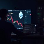 Comerciante cripto fotorrealista en un escritorio con una pantalla que muestra a Ethereum rompiendo los $2.8K y una tendencia bajista roja hacia ~2.1K.