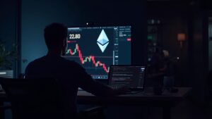 Comerciante cripto fotorrealista en un escritorio con una pantalla que muestra a Ethereum rompiendo los $2.8K y una tendencia bajista roja hacia ~2.1K.