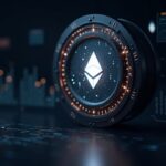 Logotipo fotorrealista de Ethereum sobre una bóveda de dotación segura con gráficos holográficos y una interfaz de gobernanza.