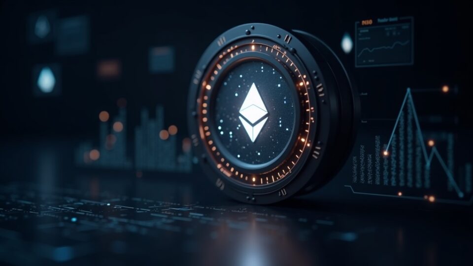 Logotipo fotorrealista de Ethereum sobre una bóveda de dotación segura con gráficos holográficos y una interfaz de gobernanza.