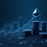 Cabecera fotorealista de sala de redacción cripto: logotipo de Ethereum, barras on‑chain ascendentes, bloques apilados y un fondo de red descentralizada que transmite duda.