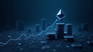 Cabecera fotorealista de sala de redacción cripto: logotipo de Ethereum, barras on‑chain ascendentes, bloques apilados y un fondo de red descentralizada que transmite duda.