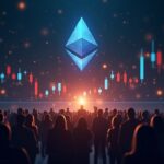Logotipo fotorrealista de Ethereum con gráficos ascendentes e íconos de Layer-2 mientras una multitud diversa entra en una red digital.