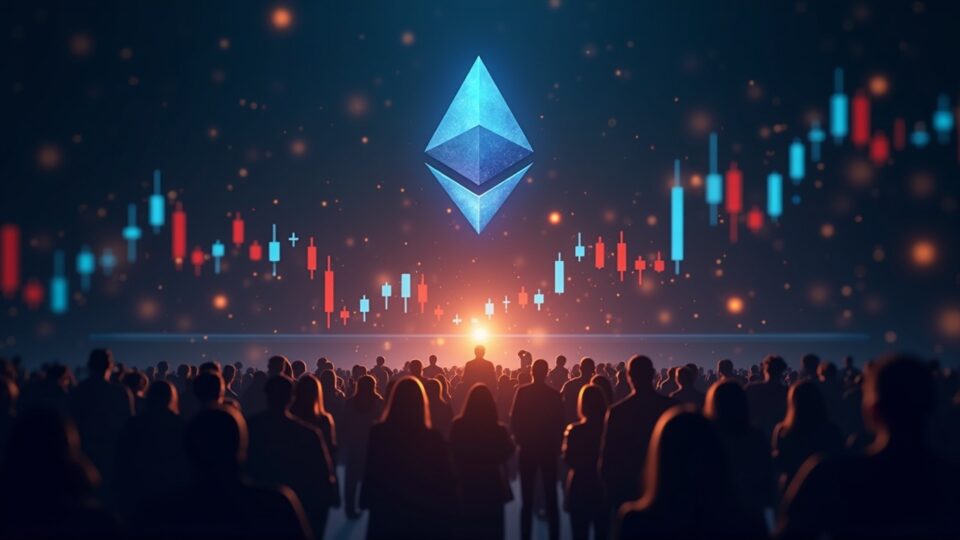 Logotipo fotorrealista de Ethereum con gráficos ascendentes e íconos de Layer-2 mientras una multitud diversa entra en una red digital.