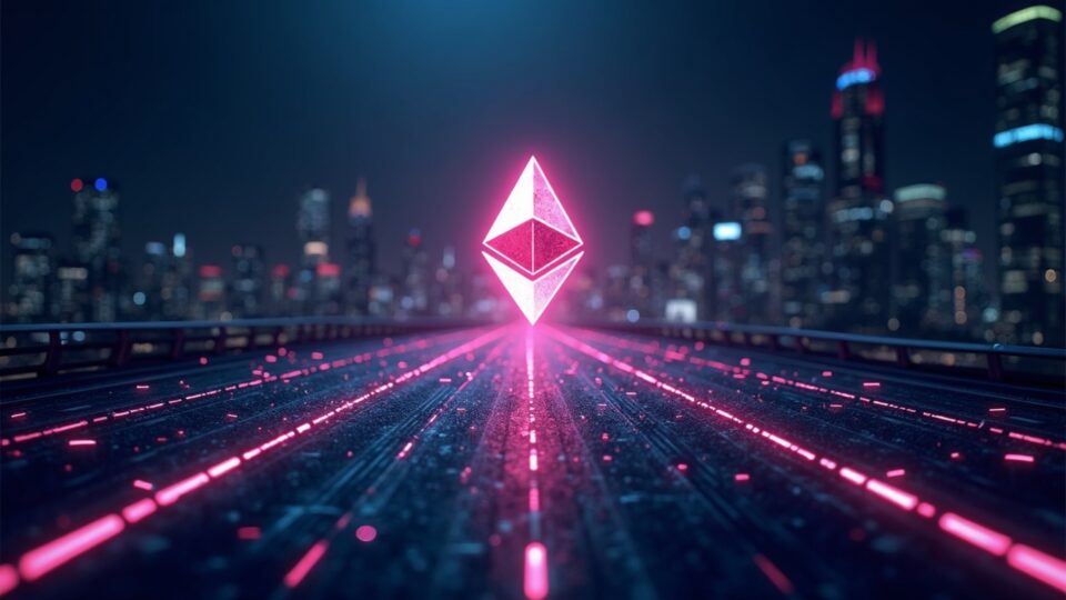 Logotipo fotorrealista de Ethereum brilla como la columna vertebral del Internet del Dinero; los activos tokenizados fluyen a lo largo de autopistas de peaje en neón con Wall Street a lo lejos.