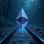 Logo fotorrealista de Ethereum mezclado con un plano de núcleo de Linux, con rieles de Capa 2 que señalan blockchain escalable.