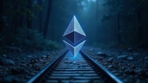 Logo fotorrealista de Ethereum mezclado con un plano de núcleo de Linux, con rieles de Capa 2 que señalan blockchain escalable.