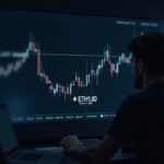Comerciante de criptomonedas realista en una terminal elegante, ETH rompiendo por encima de $3,000 con zona de oferta superior de $3,150-$3,180.