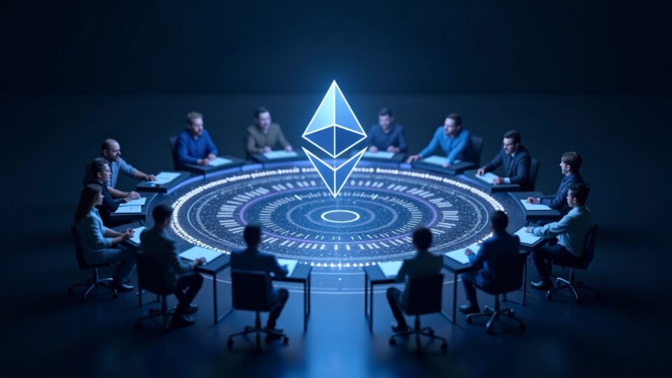 Logotipo fotorrealista de Ethereum rodeado por un escudo cuántico mientras ingenieros en escritorios futuristas destacan la seguridad post-cuántica.