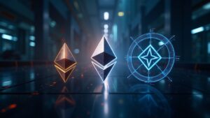 Escena en pantalla dividida que muestra los logotipos de Ethereum y Solana, contrastando enfoques de resiliencia, con un horizonte urbano futurista y una iluminación de sala de redacción.