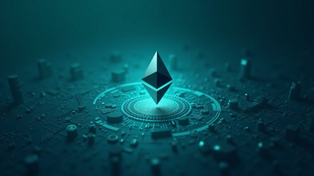 Logotipo fotorrealista de Ethereum en el centro con corrientes de monedas estables a través de cuadrículas urbanas de Layer-2 en tonos azul verdosos.