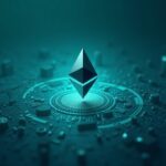 Logotipo fotorrealista de Ethereum en el centro con corrientes de monedas estables a través de cuadrículas urbanas de Layer-2 en tonos azul verdosos.