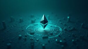 Logotipo fotorrealista de Ethereum en el centro con corrientes de monedas estables a través de cuadrículas urbanas de Layer-2 en tonos azul verdosos.