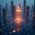 Horizonte fotorrealista de Wall Street con un faro de Ethereum brillante y bloques digitales, señalando la tokenización institucional.