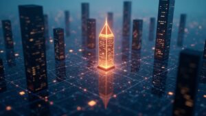 Horizonte fotorrealista de Wall Street con un faro de Ethereum brillante y bloques digitales, señalando la tokenización institucional.