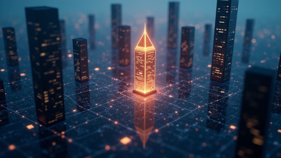 Horizonte fotorrealista de Wall Street con un faro de Ethereum brillante y bloques digitales, señalando la tokenización institucional.
