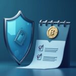 Logotipo fotorrealista de una empresa cripto delante de un alto escudo regulador de vidrio con una lista de verificación de cumplimiento al estilo bancario.