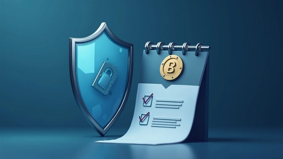 Logotipo fotorrealista de una empresa cripto delante de un alto escudo regulador de vidrio con una lista de verificación de cumplimiento al estilo bancario.