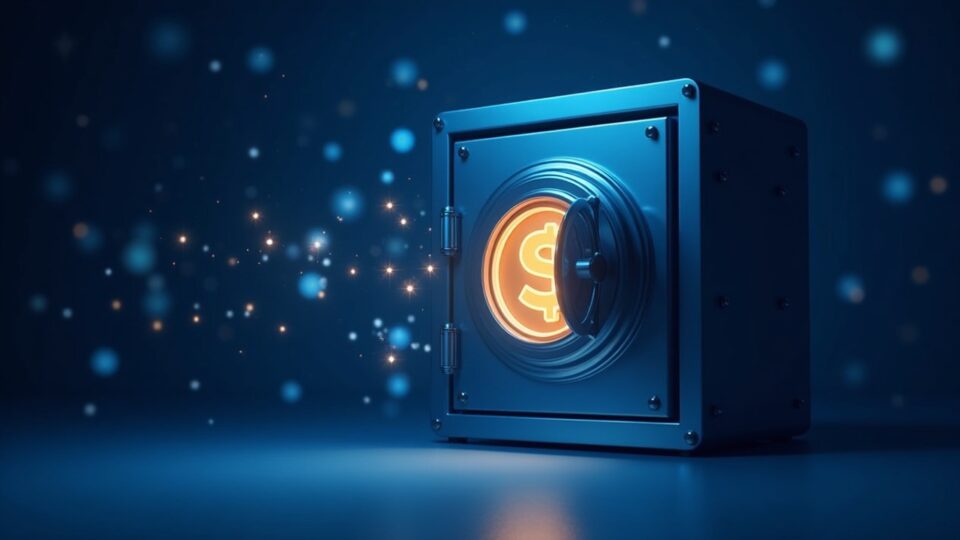 Bóveda bancaria fotorrealista se abre para revelar un token de dólar 1:1 brillante, hologramas de Ethereum y operadores institucionales en tonos azules.