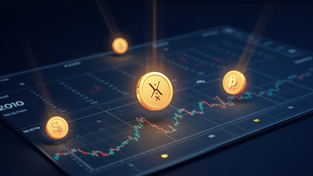Sala de redacción cripto fotorrealista: XRP, SUI y BNB brillan sobre una cuadrícula de precios del fin de semana con líneas de tendencia.