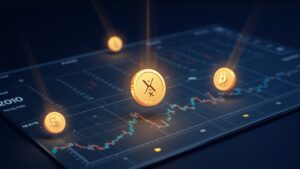 Sala de redacción cripto fotorrealista: XRP, SUI y BNB brillan sobre una cuadrícula de precios del fin de semana con líneas de tendencia.