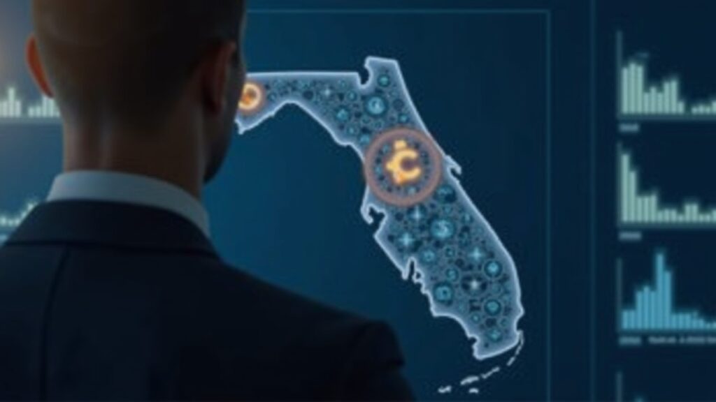 Imagen fotorrealista de un funcionario frente a un panel digital que muestra Bitcoin y un mapa de Florida, señalando un plan estatal de reserva de Bitcoin.