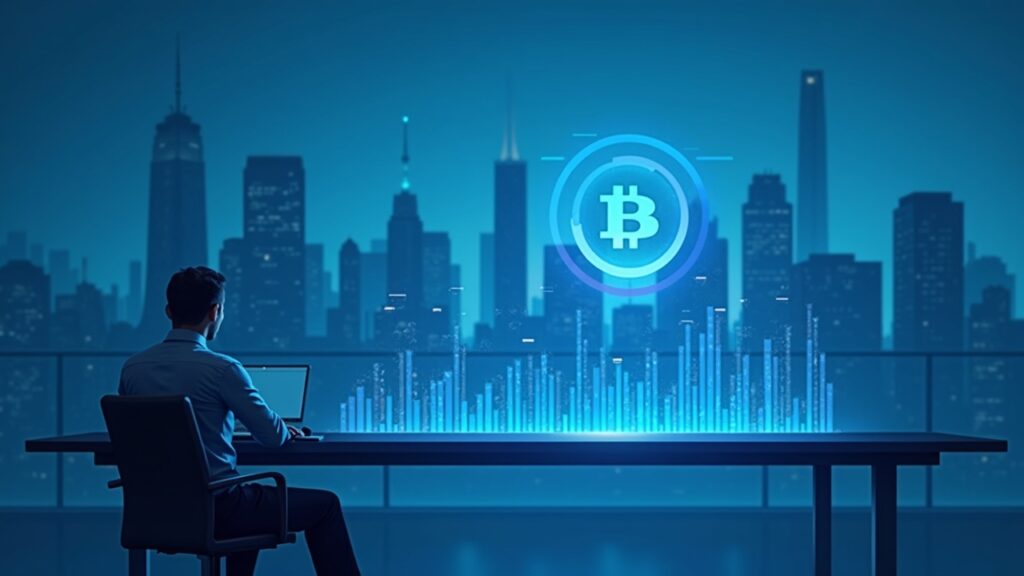 Inversor profesional fotorrealista en un elegante escritorio con un gráfico holográfico de Bitcoin y barras de ETF frente a un horizonte azul frío.
