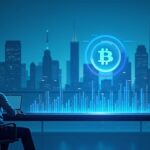 Inversor profesional fotorrealista en un elegante escritorio con un gráfico holográfico de Bitcoin y barras de ETF frente a un horizonte azul frío.