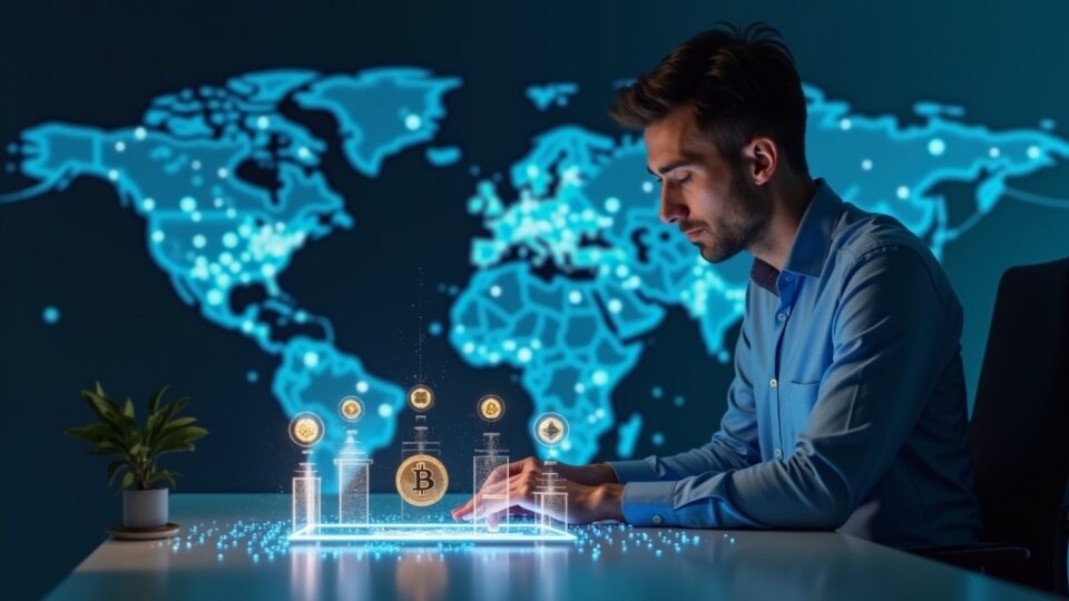 Analista en el escritorio con barras holográficas de entradas de criptomonedas y mapa mundial que muestra los flujos institucionales de 2025