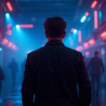 Fundador cauteloso en un centro neón de Paradox Metaverse, con luces policiales parpadeando, y nodos de blockchain y efectivo que indican riesgo.