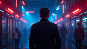 Fundador cauteloso en un centro neón de Paradox Metaverse, con luces policiales parpadeando, y nodos de blockchain y efectivo que indican riesgo.
