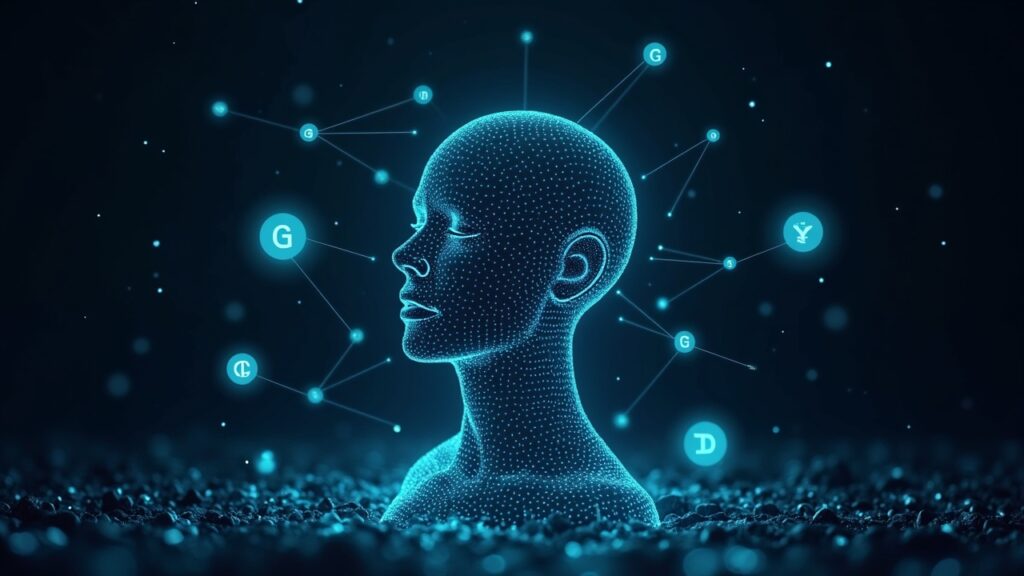 Agente central de IA delineado en circuitos en medio de una malla de blockchain luminosa y glifos GAS.