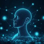 Agente central de IA delineado en circuitos en medio de una malla de blockchain luminosa y glifos GAS.