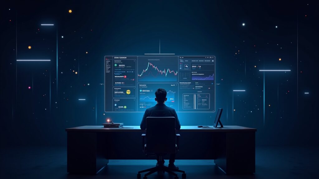 Analista en una mesa de trading cripto viendo una pantalla transparente con fuentes verificables y la marca GateAI.