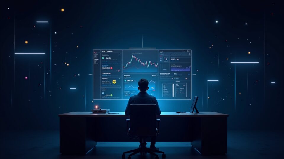 Analista en una mesa de trading cripto viendo una pantalla transparente con fuentes verificables y la marca GateAI.