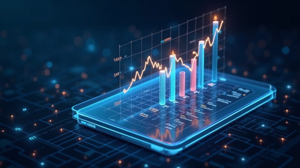Holograma fotorrealista de IA que muestra gráficos de precios de XRP, SOL y ADA para 2026 sobre una cuadrícula blockchain.