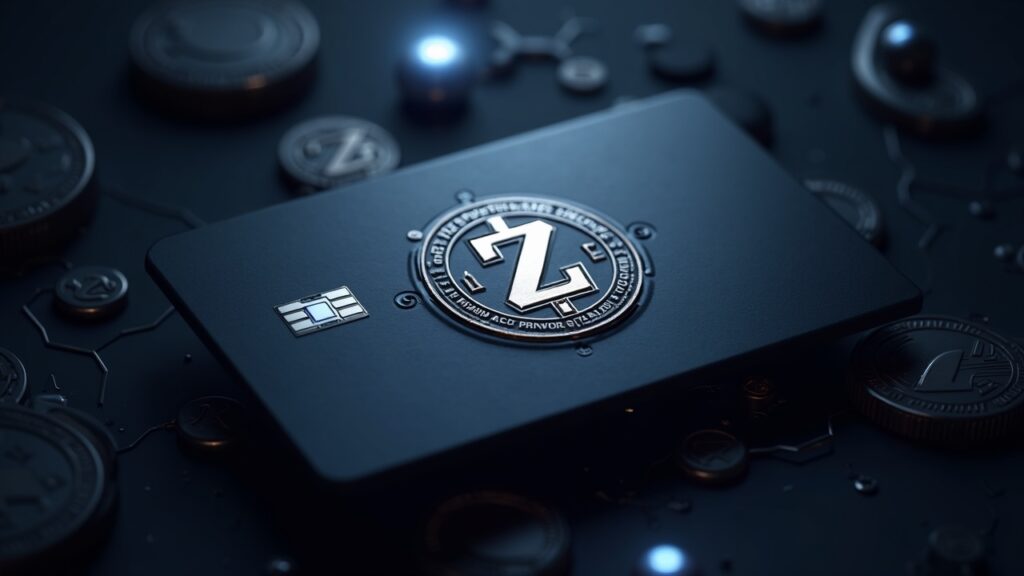 Elegante tarjeta de crédito metálica Gemini Zcash Edition con el logotipo ZEC brillante y un fondo con un escudo de privacidad.