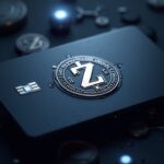 Elegante tarjeta de crédito metálica Gemini Zcash Edition con el logotipo ZEC brillante y un fondo con un escudo de privacidad.
