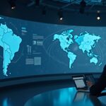 Ejecutivo seguro en una sala de redacción moderna con un mapa holográfico de Brasil y flujos de cuentas por cobrar tokenizadas en blockchain, rendimiento del 13%.