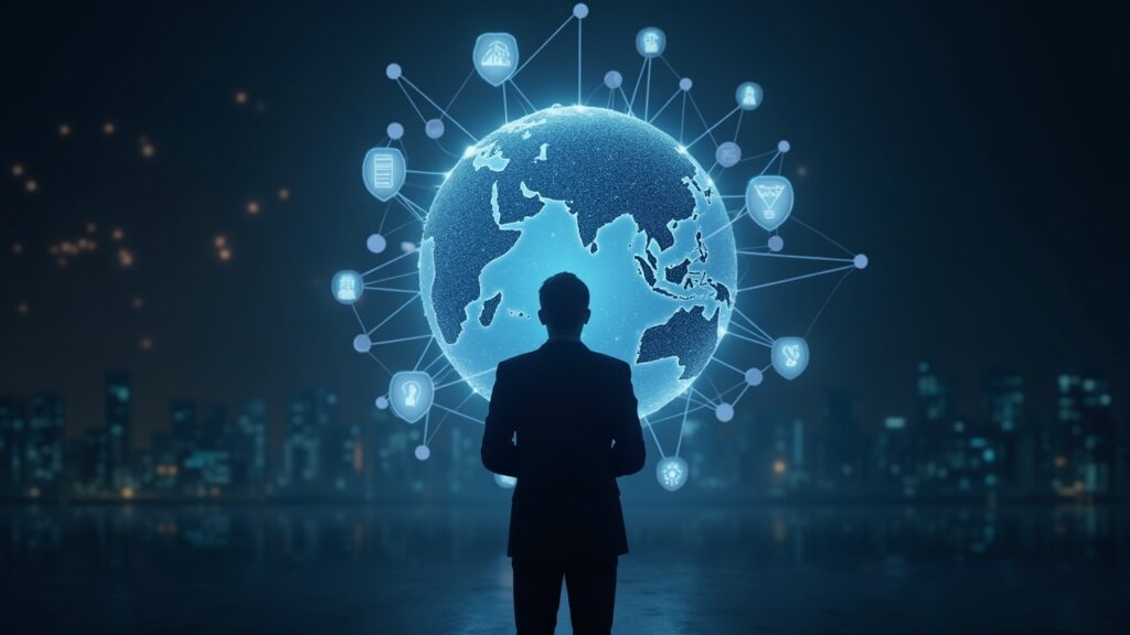 Analista corporativo fotorrealista examinando un globo holográfico brillante con enlaces de blockchain y escudos de regulación cripto.