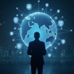 Analista corporativo fotorrealista examinando un globo holográfico brillante con enlaces de blockchain y escudos de regulación cripto.