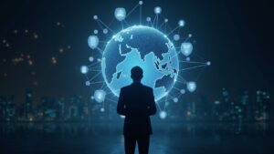 Analista corporativo fotorrealista examinando un globo holográfico brillante con enlaces de blockchain y escudos de regulación cripto.