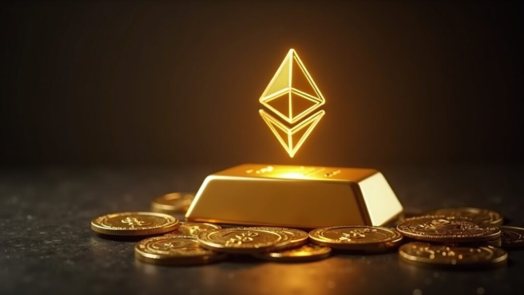 Encabezado fotorrealista: barra de oro reluciente, logo de Ethereum desvaneciéndose, signos de dólar y sellos de bancos centrales bajo luces.