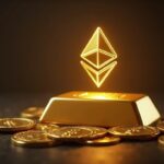 Encabezado fotorrealista: barra de oro reluciente, logo de Ethereum desvaneciéndose, signos de dólar y sellos de bancos centrales bajo luces.