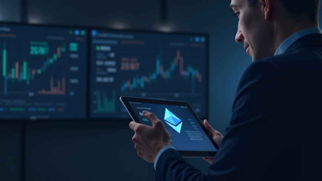 Sala de redacción fotorrealista con un analista sosteniendo una tableta que muestra el logo de Ethereum y gráficos de rendimiento al alza, pagos de ETF cotizados en EE. UU.